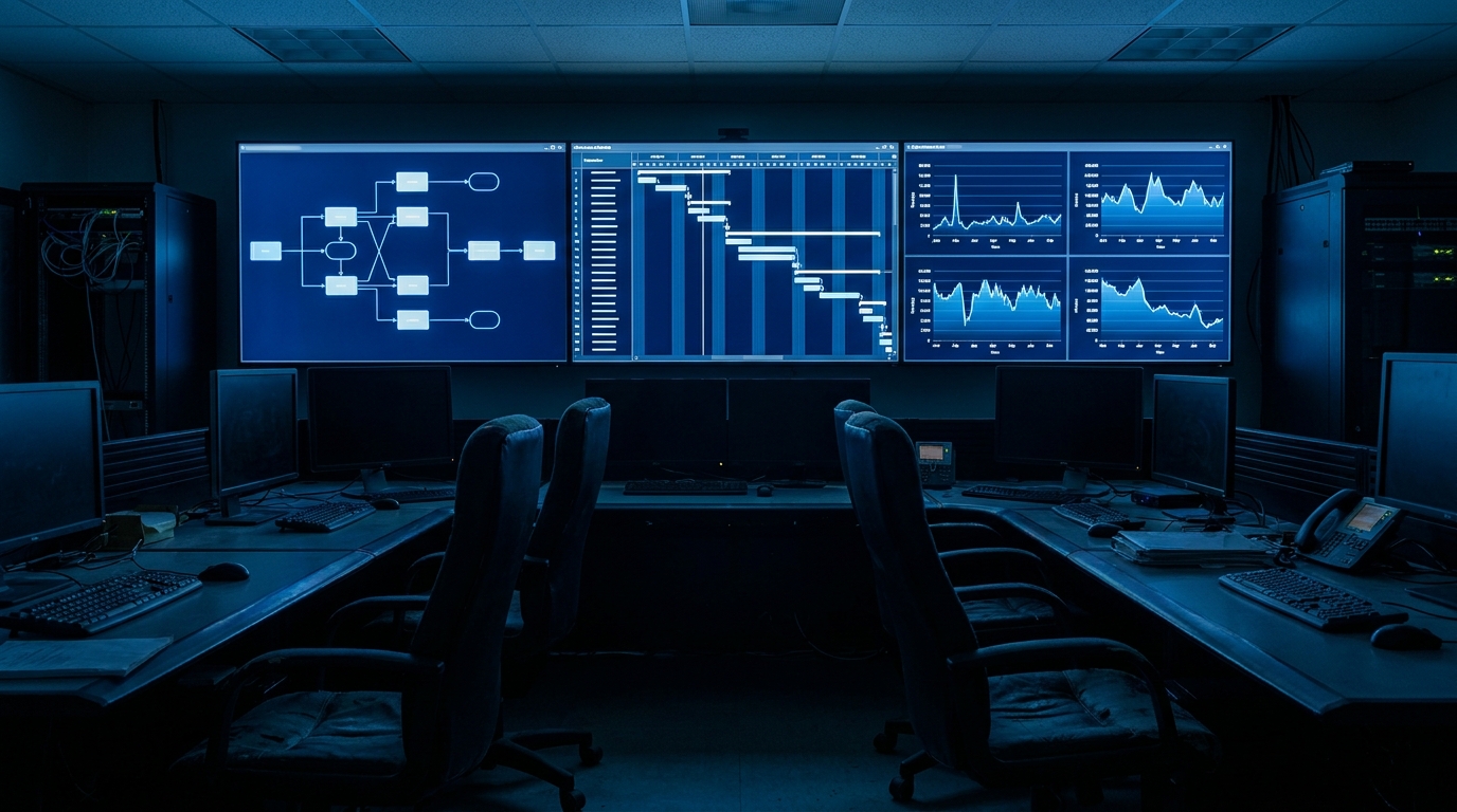 Wall of operational dashboards showing abstract planning, scheduling and cost charts in navy and azure