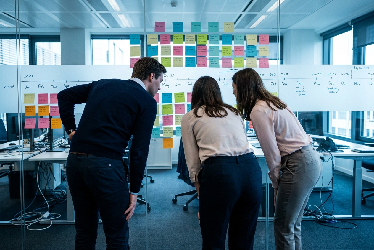 Strategy working session with a wall of sticky notes and a hand-drawn roadmap timeline, seen from behind